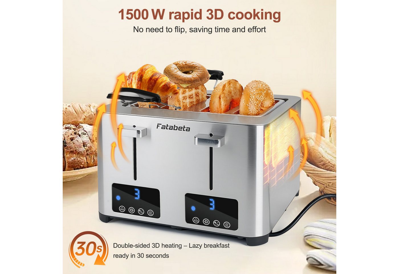 FATABETA Toaster Toaster 4 Scheiben, Doppel-Langschlitztoaster, mit Brötchenaufsatz, 4 kurze Schlitze, für 4 Scheiben, 1500 W, LED-Display, Touchscreen, 7 Stufen, Auftauen & Aufwärmen, Edelstahl