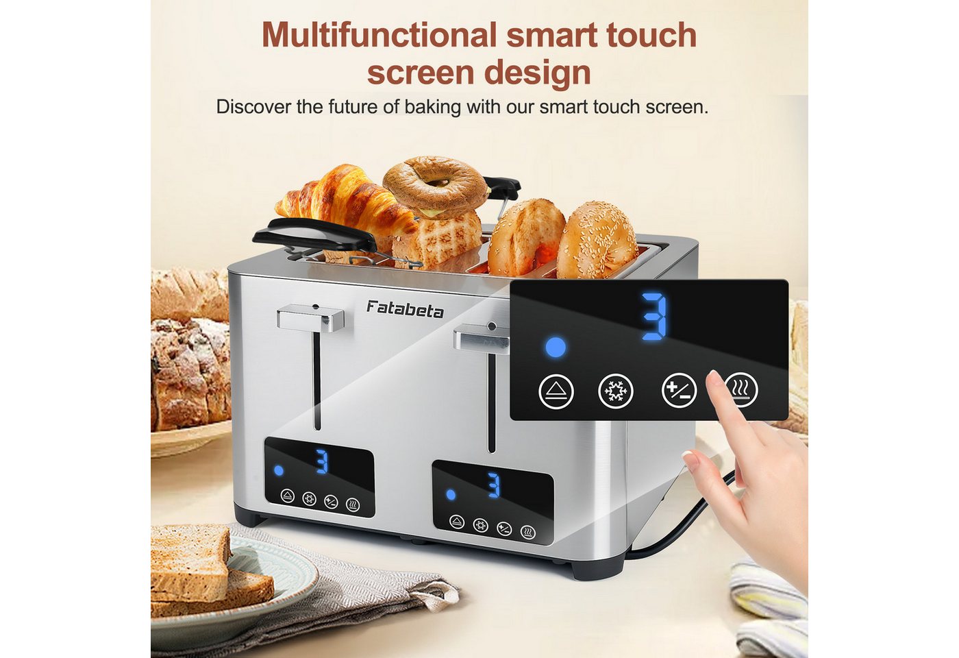 FATABETA Toaster Toaster 4 Scheiben, Doppel-Langschlitztoaster, mit Brötchenaufsatz, 4 kurze Schlitze, für 4 Scheiben, 1500 W, LED-Display, Touchscreen, 7 Stufen, Auftauen & Aufwärmen, Edelstahl Bild 3