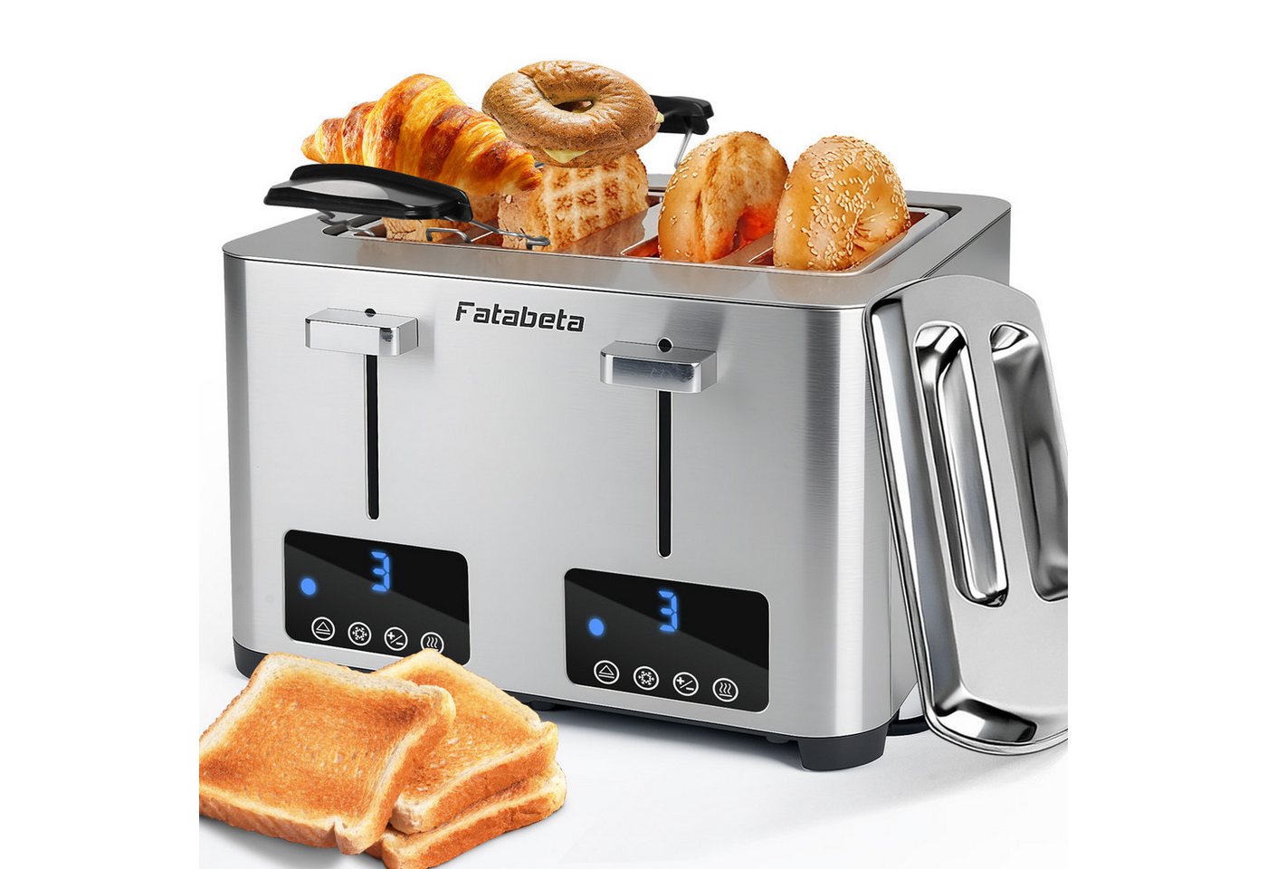 FATABETA Toaster Toaster 4 Scheiben, Doppel-Langschlitztoaster, mit Brötchenaufsatz, 4 kurze Schlitze, für 4 Scheiben, 1500 W, LED-Display, Touchscreen, 7 Stufen, Auftauen & Aufwärmen, Edelstahl Bild 4