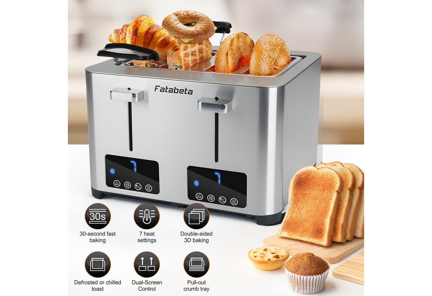 FATABETA Toaster Toaster 4 Scheiben, Doppel-Langschlitztoaster, mit Brötchenaufsatz, 4 kurze Schlitze, für 4 Scheiben, 1500 W, LED-Display, Touchscreen, 7 Stufen, Auftauen & Aufwärmen, Edelstahl Bild 5