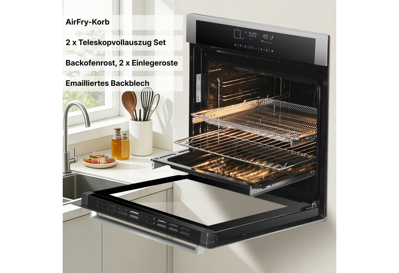 KB Elements Einbaubackofen 15 x Funktionen, Airfryer Funktion, Full Touch Display, AQUA CLEAN, mit 2-fach-Teleskopauszug, Air Fry, AQUA CLEAN,Full Touch,EEK A+