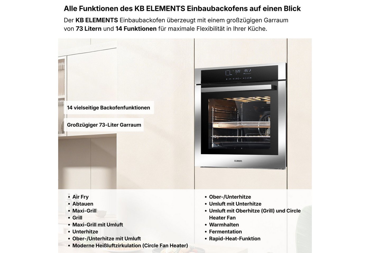 KB Elements Einbaubackofen 15 x Funktionen, Airfryer Funktion, Full Touch Display, AQUA CLEAN, mit 2-fach-Teleskopauszug, Air Fry, AQUA CLEAN,Full Touch,EEK A+ Bild 2