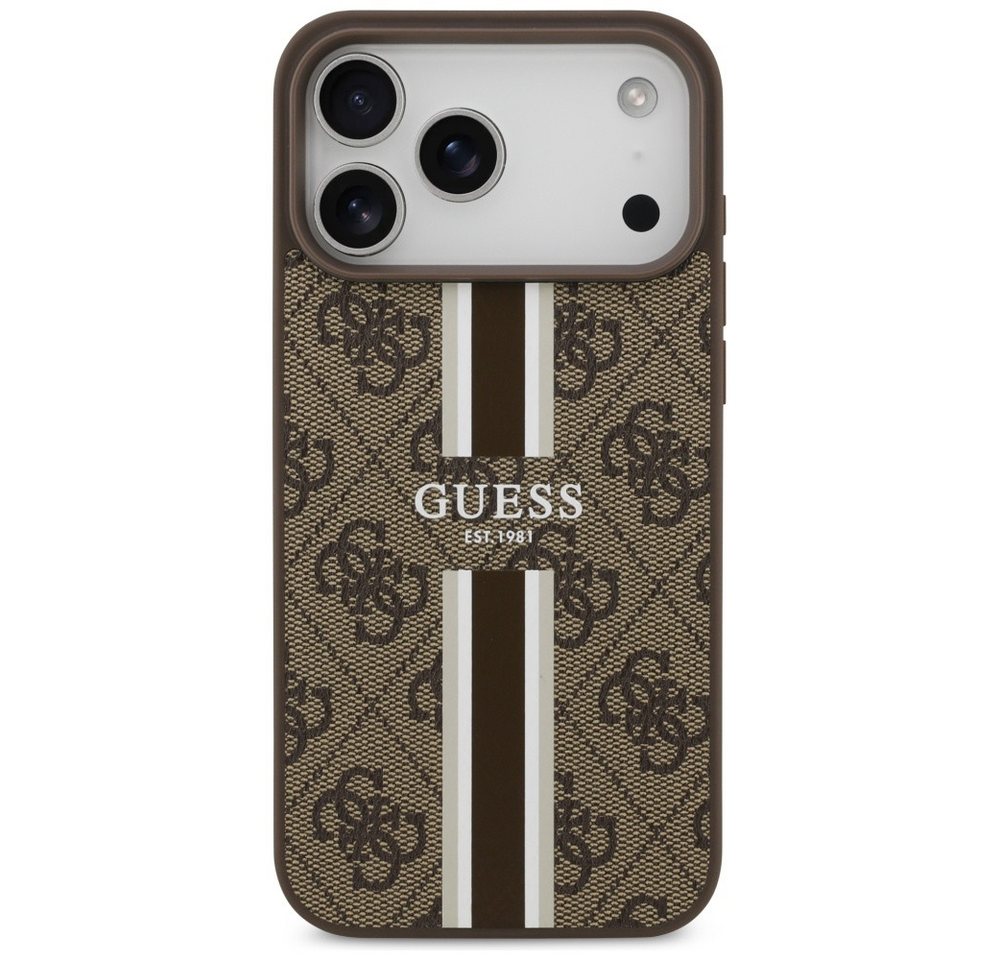 Guess Handyhülle Case iPhone 17 Pro Max MagSafe Kunstleder braun Logo Streifen 6,9 Zoll, Kantenschutz