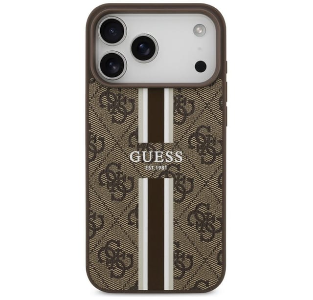 Guess Handyhülle Case iPhone 17 Pro Max MagSafe Kunstleder braun Logo Streifen 6,9 Zoll, Kantenschutz