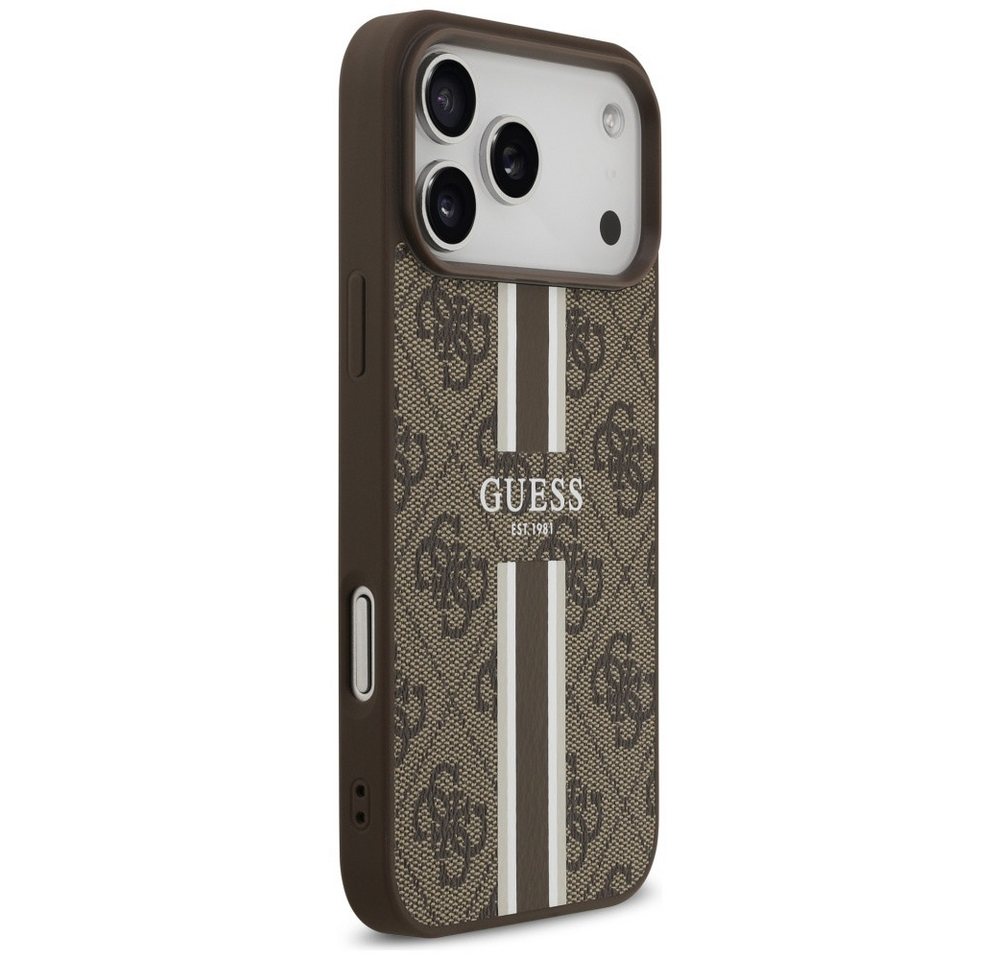 Guess Handyhülle Case iPhone 17 Pro Max MagSafe Kunstleder braun Logo Streifen 6,9 Zoll, Kantenschutz Bild 3