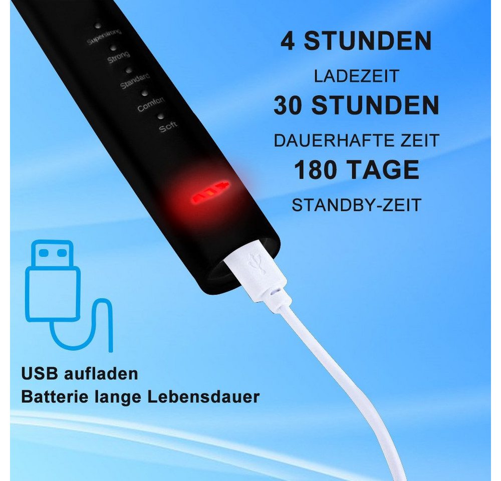 feinlux Elektrische Zahnbürste Elektrische Zahnbürste für Erwachsene, Aufsteckbürsten: 3 St., Ultraschall-Elektro-Zahnsteinentferner, IPX7 wasserdicht, unterstützt die komplette Reinigung des Geräts Bild 3