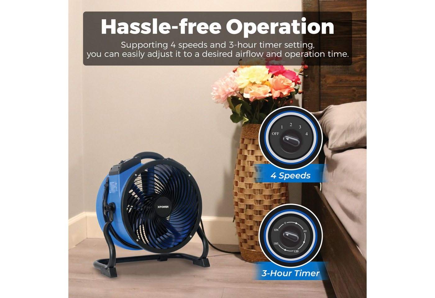 XPOWER Tischventilator 14" Hochleistungs-Industrie-Luftumlenker Timer Bodenventilator FC-300, 100W, 1600CFM, 3H Timer & 4 Geschwindigkeiten, 47.2x48.8x23.9cm