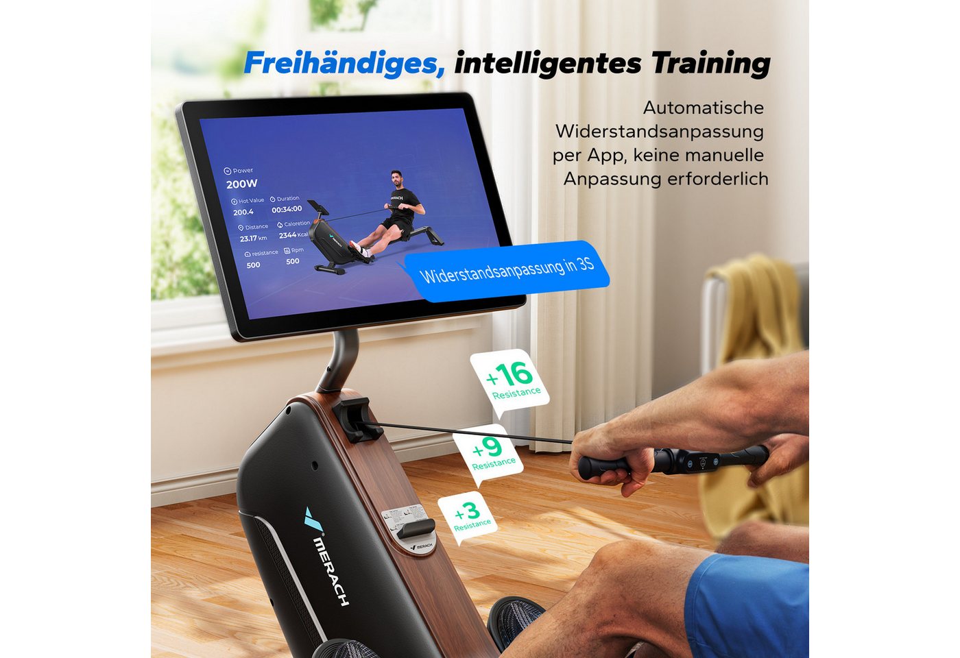 MERACH Rudergerät mit HD-Bildschirm, leise mit 16 Magnet-Widerstandsstufen (HD-Display, Rudermaschine mit Bluetooth, faltbar, platzsparend, 1-tlg., Kompatibel mit Kinomap, Tablet- und Flaschenhalter, mit Merach APP), automatischer Magnetwiderstand, einfache Montage, bis 158 kg Bild 2
