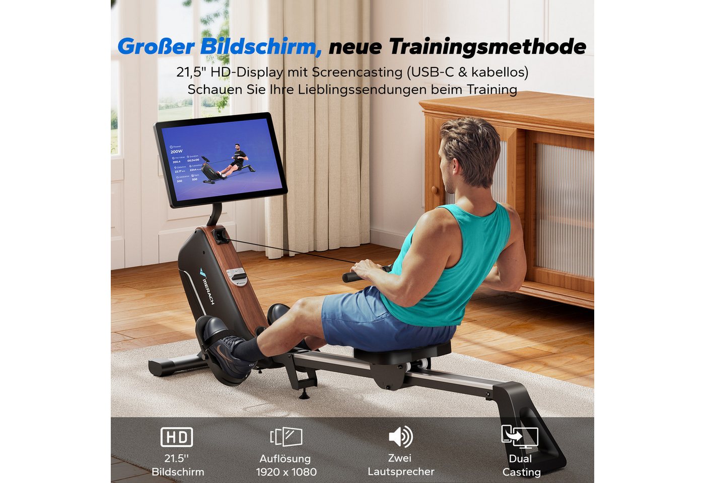 MERACH Rudergerät mit HD-Bildschirm, leise mit 16 Magnet-Widerstandsstufen (HD-Display, Rudermaschine mit Bluetooth, faltbar, platzsparend, 1-tlg., Kompatibel mit Kinomap, Tablet- und Flaschenhalter, mit Merach APP), automatischer Magnetwiderstand, einfache Montage, bis 158 kg Bild 3