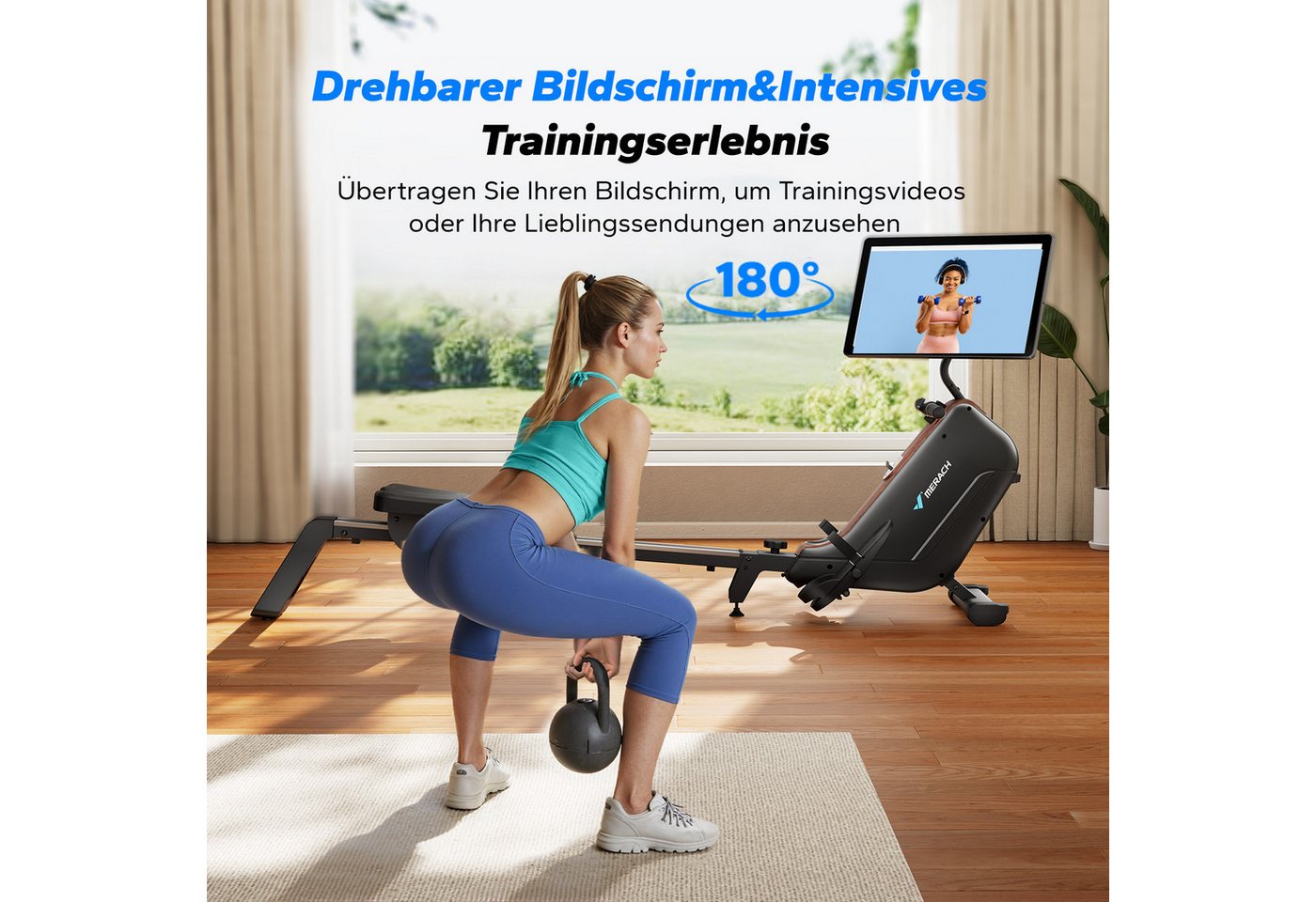 MERACH Rudergerät mit HD-Bildschirm, leise mit 16 Magnet-Widerstandsstufen (HD-Display, Rudermaschine mit Bluetooth, faltbar, platzsparend, 1-tlg., Kompatibel mit Kinomap, Tablet- und Flaschenhalter, mit Merach APP), automatischer Magnetwiderstand, einfache Montage, bis 158 kg Bild 4