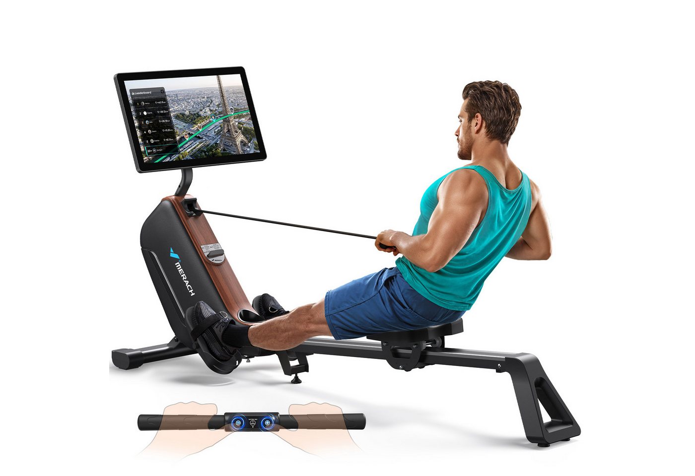 MERACH Rudergerät mit HD-Bildschirm, leise mit 16 Magnet-Widerstandsstufen (HD-Display, Rudermaschine mit Bluetooth, faltbar, platzsparend, 1-tlg., Kompatibel mit Kinomap, Tablet- und Flaschenhalter, mit Merach APP), automatischer Magnetwiderstand, einfache Montage, bis 158 kg Bild 5