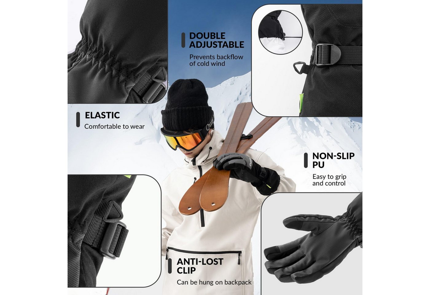 ROCKBROS Skihandschuhe Winterhandschuhe wasserdichte Winddichte Touchscreen für Winter-Sports Tragbar & verstellbare Ärmelbündchen