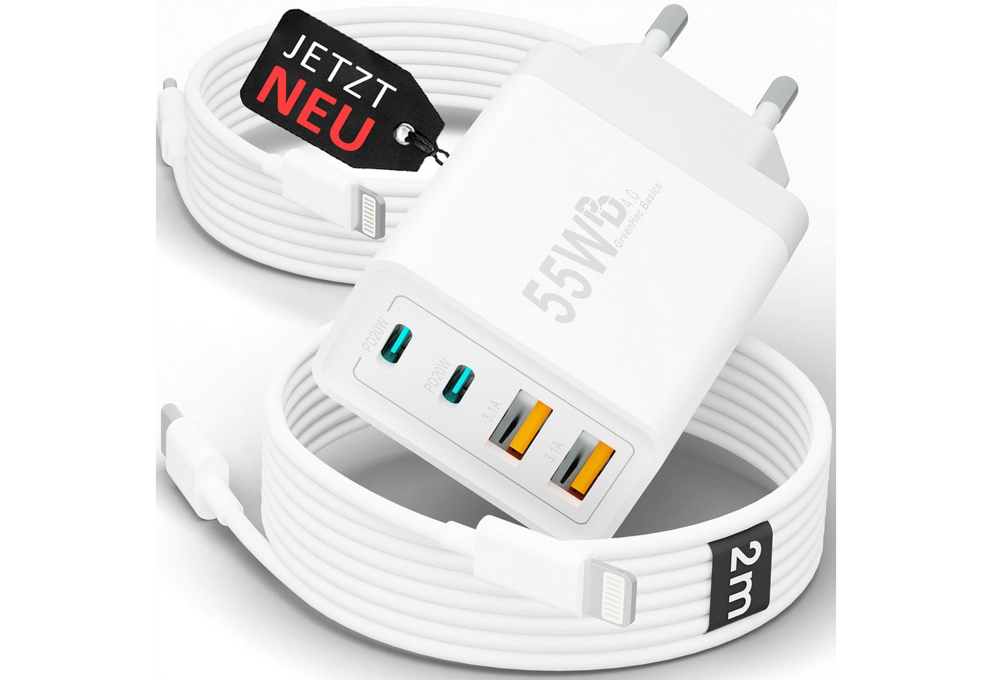 GreenHec Schnellladegerät USB-C iPhone mehrfach Handy Netzteil Adapter + Kabel Schnelllade-Gerät (50 mA, Spar-Set, 55w Quatro Charger + Lighting Kabel, iPhone 14 13 12 11 X XS XR SE Pro Max Air, 4 Multi Port 1m 2m 3m Laden)
