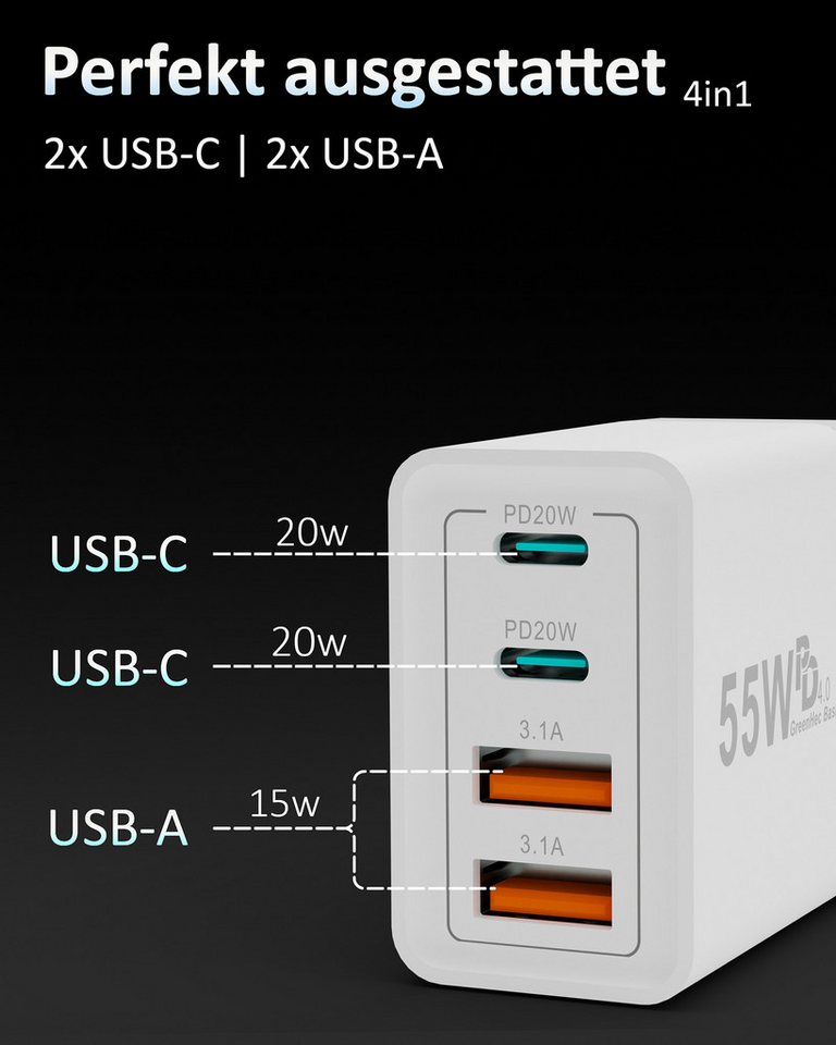 GreenHec Schnellladegerät USB-C iPhone mehrfach Handy Netzteil Adapter + Kabel Schnelllade-Gerät (50 mA, Spar-Set, 55w Quatro Charger + Lighting Kabel, iPhone 14 13 12 11 X XS XR SE Pro Max Air, 4 Multi Port 1m 2m 3m Laden) Bild 2
