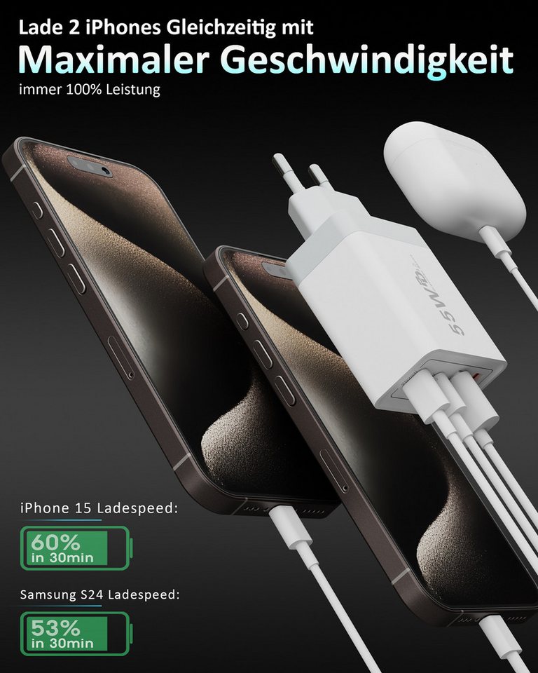 GreenHec Schnellladegerät USB-C iPhone mehrfach Handy Netzteil Adapter + Kabel Schnelllade-Gerät (50 mA, Spar-Set, 55w Quatro Charger + Lighting Kabel, iPhone 14 13 12 11 X XS XR SE Pro Max Air, 4 Multi Port 1m 2m 3m Laden) Bild 3