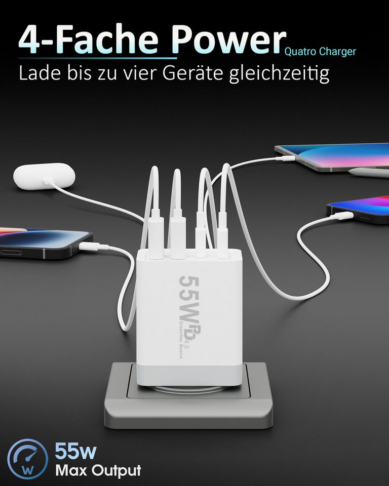 GreenHec Schnellladegerät USB-C iPhone mehrfach Handy Netzteil Adapter + Kabel Schnelllade-Gerät (50 mA, Spar-Set, 55w Quatro Charger + Lighting Kabel, iPhone 14 13 12 11 X XS XR SE Pro Max Air, 4 Multi Port 1m 2m 3m Laden) Bild 5