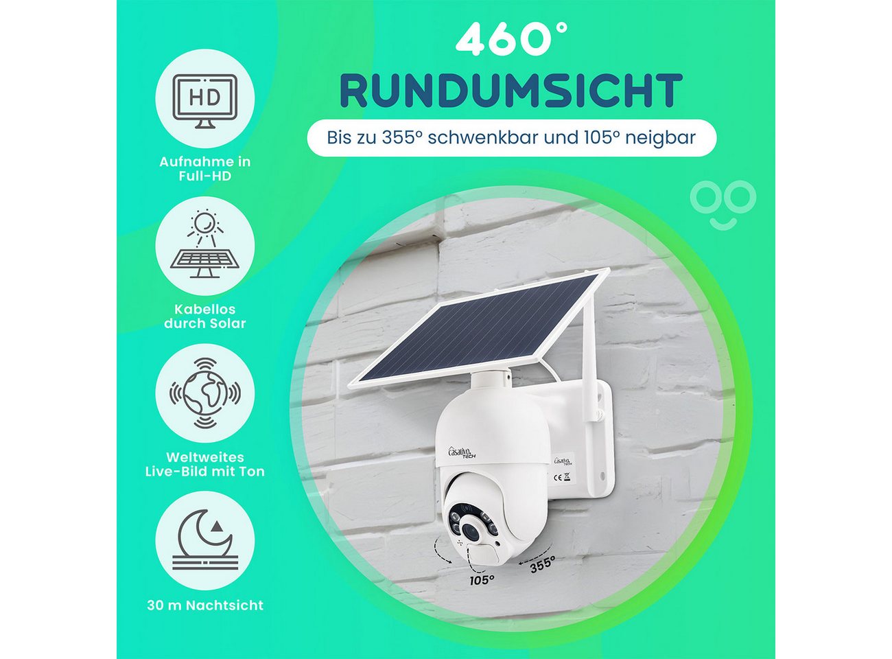 Casativo Überwachungskamera Überwachungskamera, solarbetrieben / kabellos, Pan-Tilt, FullHD (2-tlg., PIR Sensor, Nachtsicht, 2-Wege-Audio/ Video, IP66) Bild 2