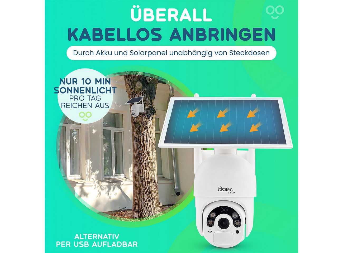 Casativo Überwachungskamera Überwachungskamera, solarbetrieben / kabellos, Pan-Tilt, FullHD (2-tlg., PIR Sensor, Nachtsicht, 2-Wege-Audio/ Video, IP66) Bild 3