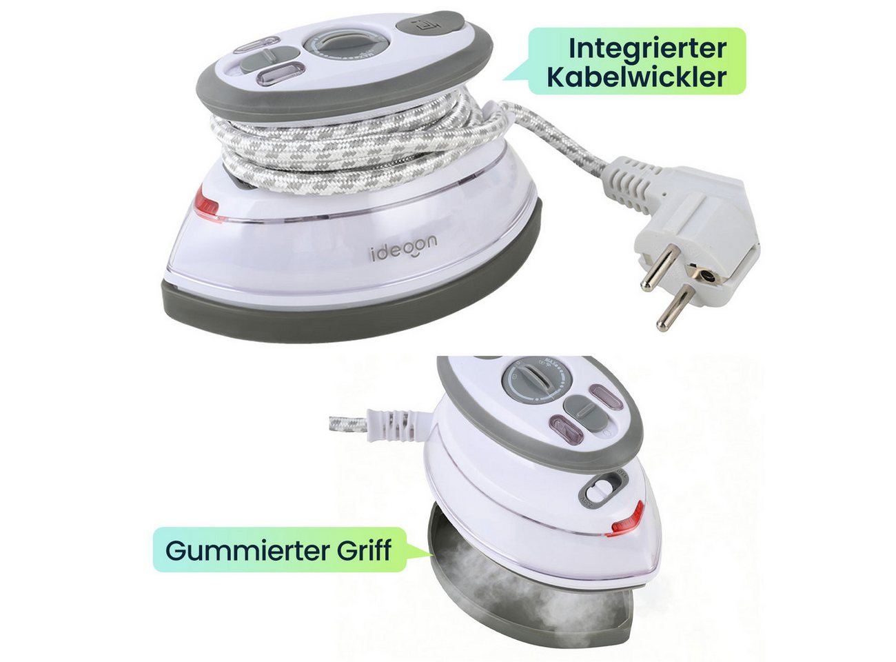 shop'n smile ideoon Dampfbügeleisen Reise-Dampfbügeleisen: Mini-Bügeleisen 110/230V mit Tasche für Urlaub, 499 W, Trocken- und Dampfbügeln möglich Bild 2