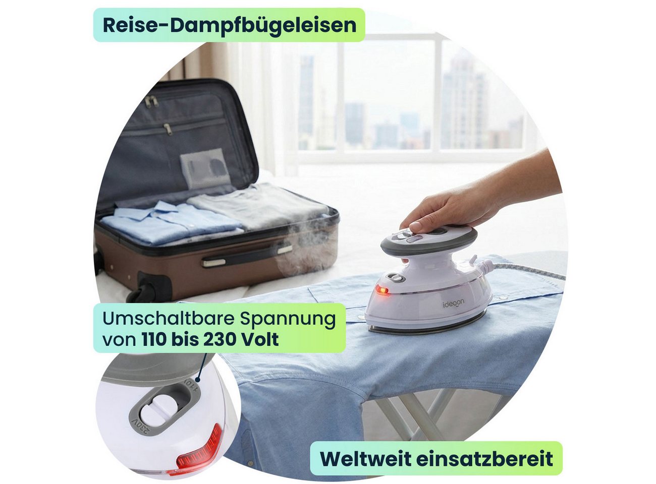 shop'n smile ideoon Dampfbügeleisen Reise-Dampfbügeleisen: Mini-Bügeleisen 110/230V mit Tasche für Urlaub, 499 W, Trocken- und Dampfbügeln möglich Bild 3