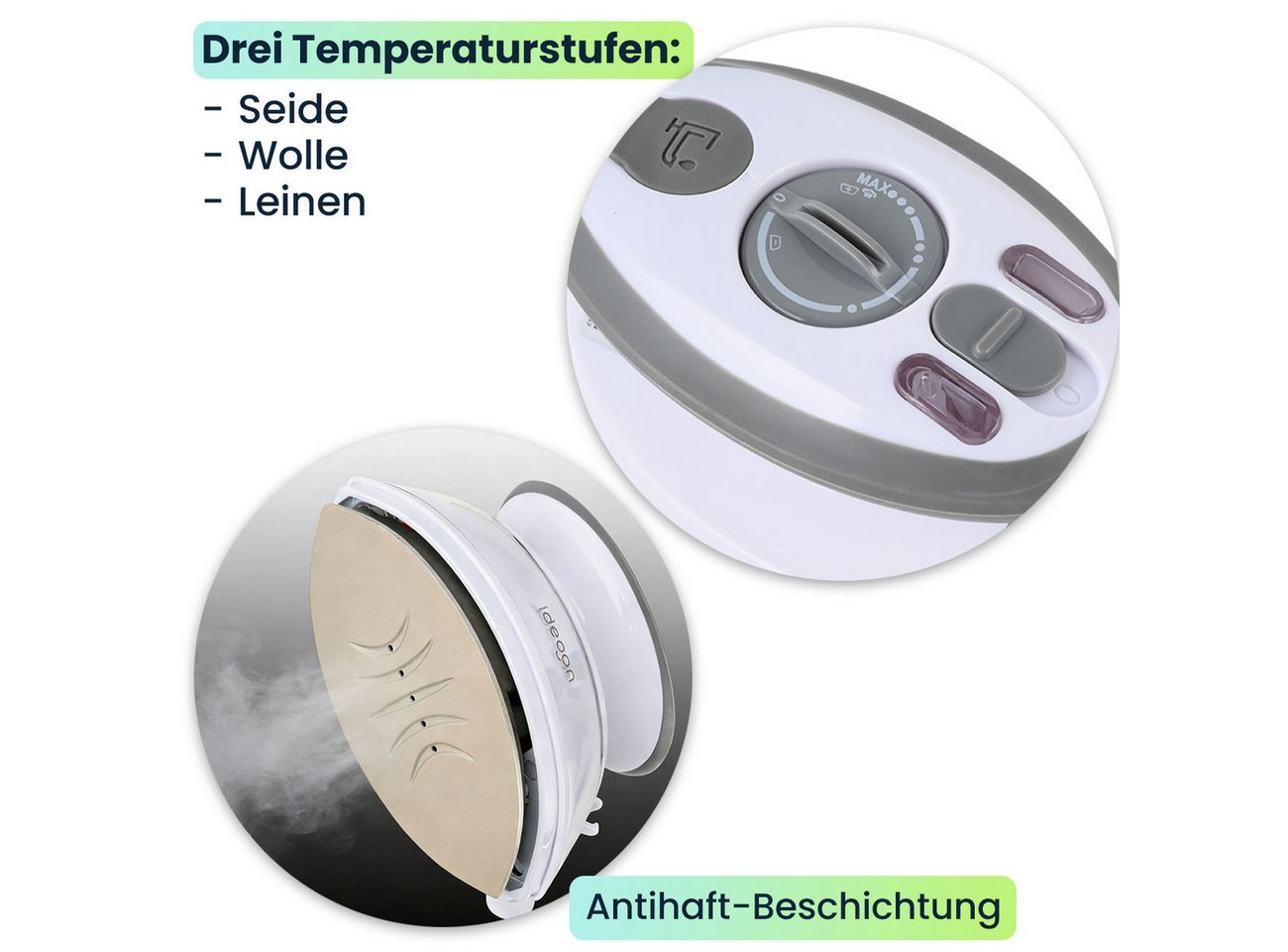 shop'n smile ideoon Dampfbügeleisen Reise-Dampfbügeleisen: Mini-Bügeleisen 110/230V mit Tasche für Urlaub, 499 W, Trocken- und Dampfbügeln möglich Bild 4