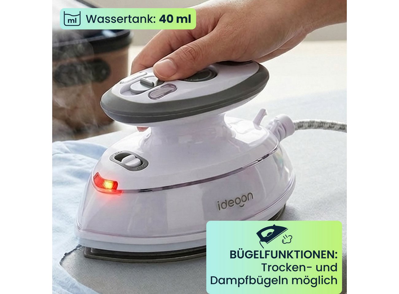 shop'n smile ideoon Dampfbügeleisen Reise-Dampfbügeleisen: Mini-Bügeleisen 110/230V mit Tasche für Urlaub, 499 W, Trocken- und Dampfbügeln möglich Bild 5