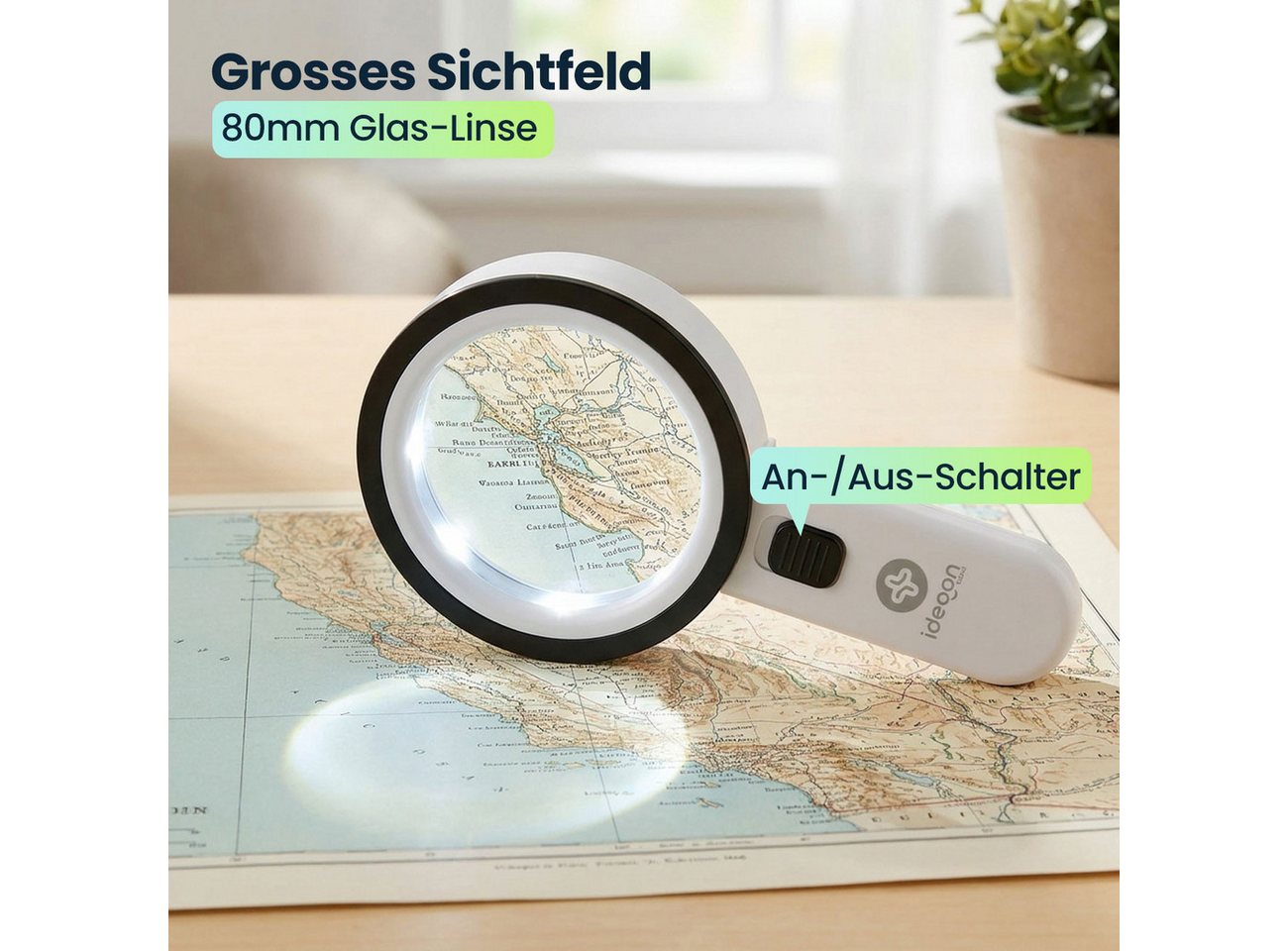 shop'n smile ideoon Handlupe LED-Handlupe mit Beleuchtung 5-fache Vergrößerung & 80mm Glas-Linse, 1-tlg., 1er-Set & 2er-Set, Ergonomischer Griff mit Schalter, 80mm Glas-Linse, 12 helle LEDs & ABS