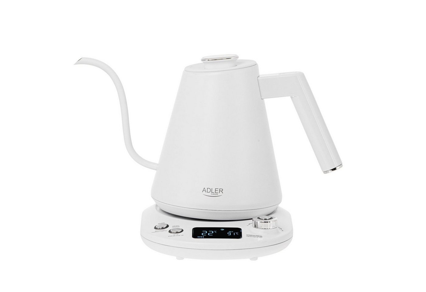 ADLER EUROPE Wasserkocher AD 1349 Schwanenhals Wasserkocher mit Temperatursteuerung 40-100°C, 1 l, 1100 W, Warmhaltefunktion, Edelstahlgehäuse, 360° Basis weiß silber Bild 3