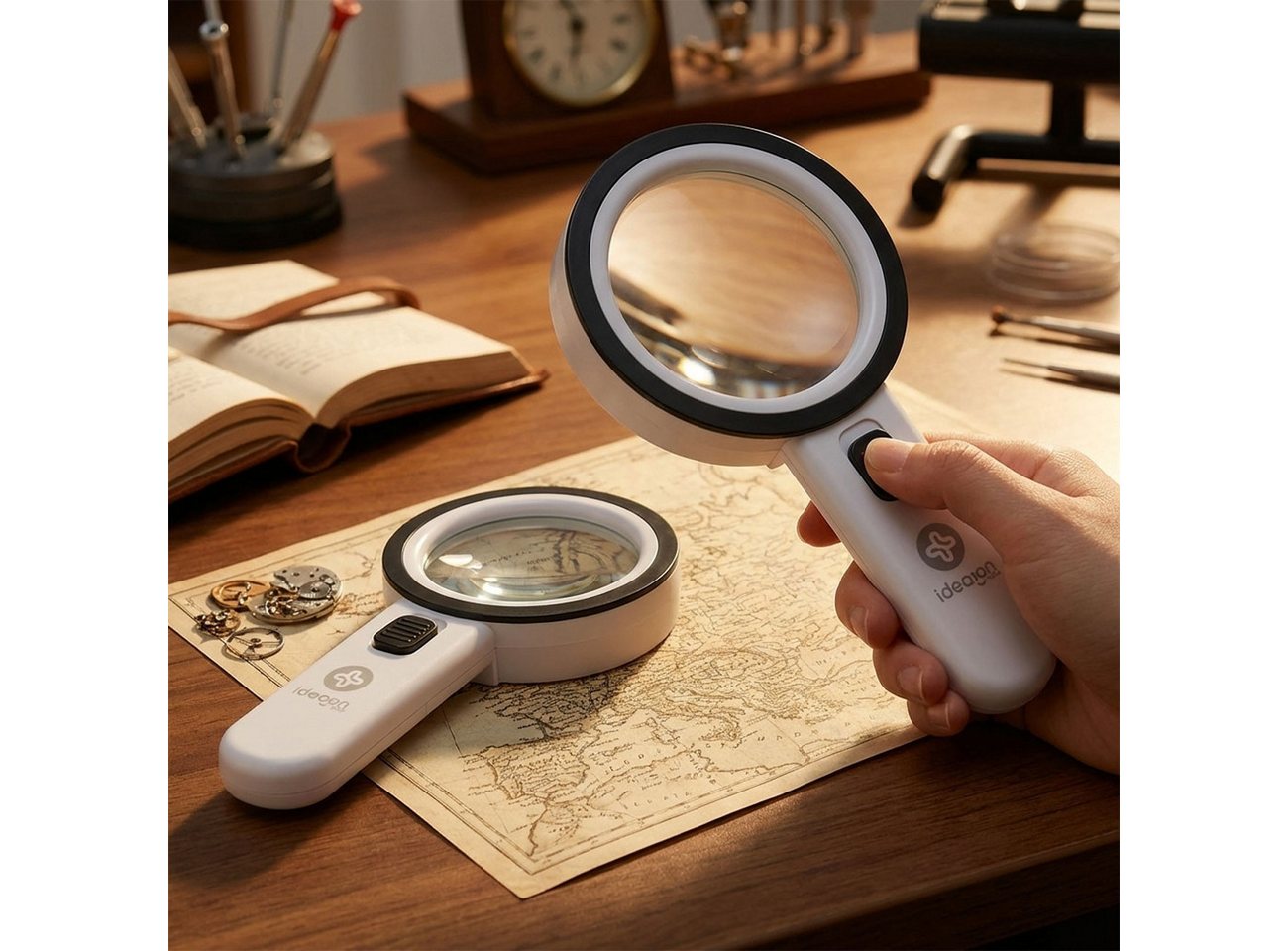 shop'n smile ideoon Handlupe LED-Handlupe mit Beleuchtung 5-fache Vergrößerung & 80mm Glas-Linse, 2-tlg., 1er-Set & 2er-Set, Ergonomischer Griff mit Schalter, 80mm Glas-Linse, 12 helle LEDs & ABS