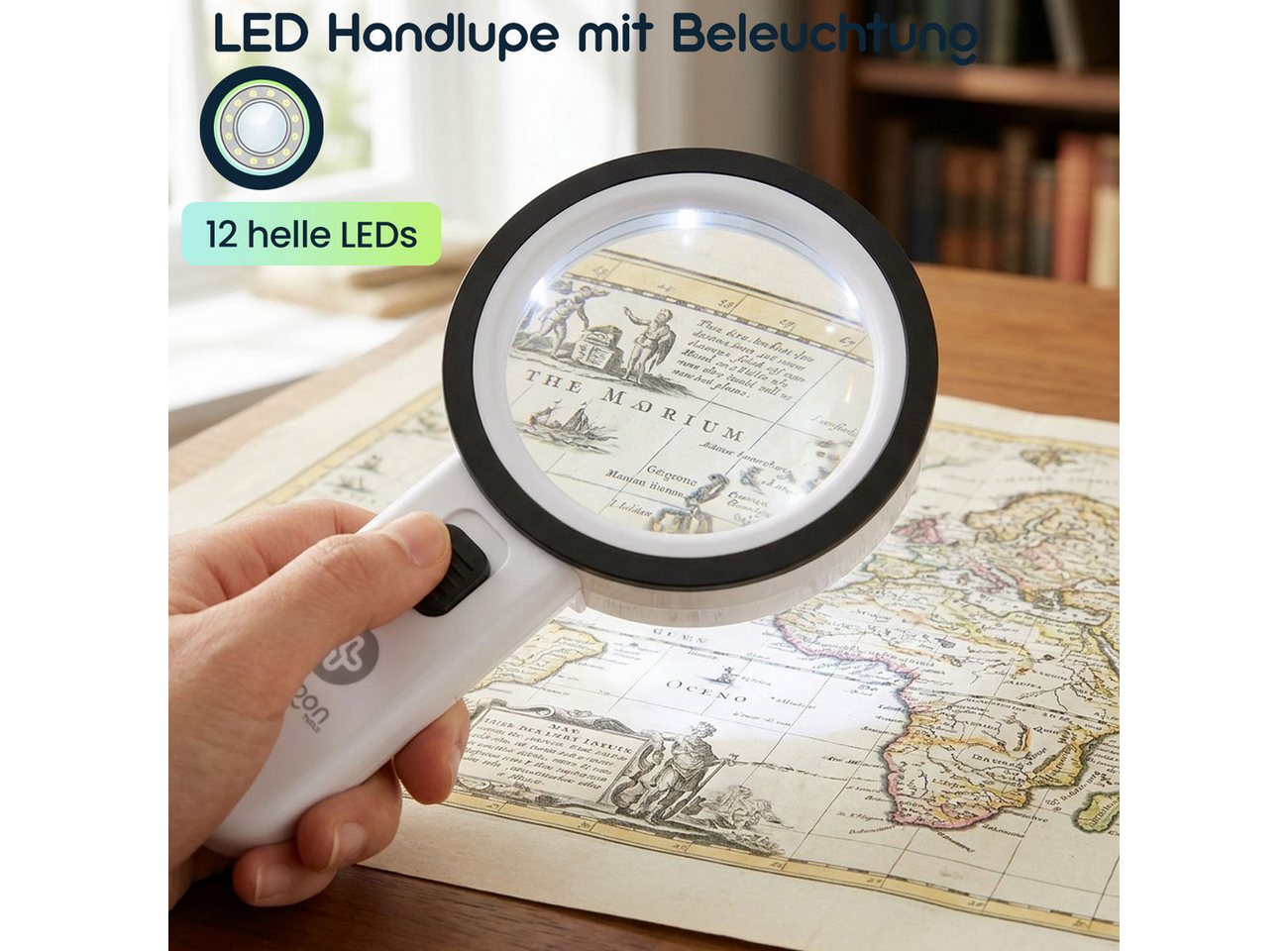 shop'n smile ideoon Handlupe LED-Handlupe mit Beleuchtung 5-fache Vergrößerung & 80mm Glas-Linse, 2-tlg., 1er-Set & 2er-Set, Ergonomischer Griff mit Schalter, 80mm Glas-Linse, 12 helle LEDs & ABS Bild 4