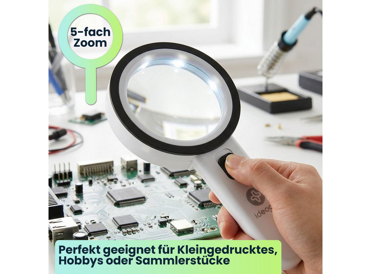 shop'n smile ideoon Handlupe LED-Handlupe mit Beleuchtung 5-fache Vergrößerung & 80mm Glas-Linse, 2-tlg., 1er-Set & 2er-Set, Ergonomischer Griff mit Schalter, 80mm Glas-Linse, 12 helle LEDs & ABS Bild 5