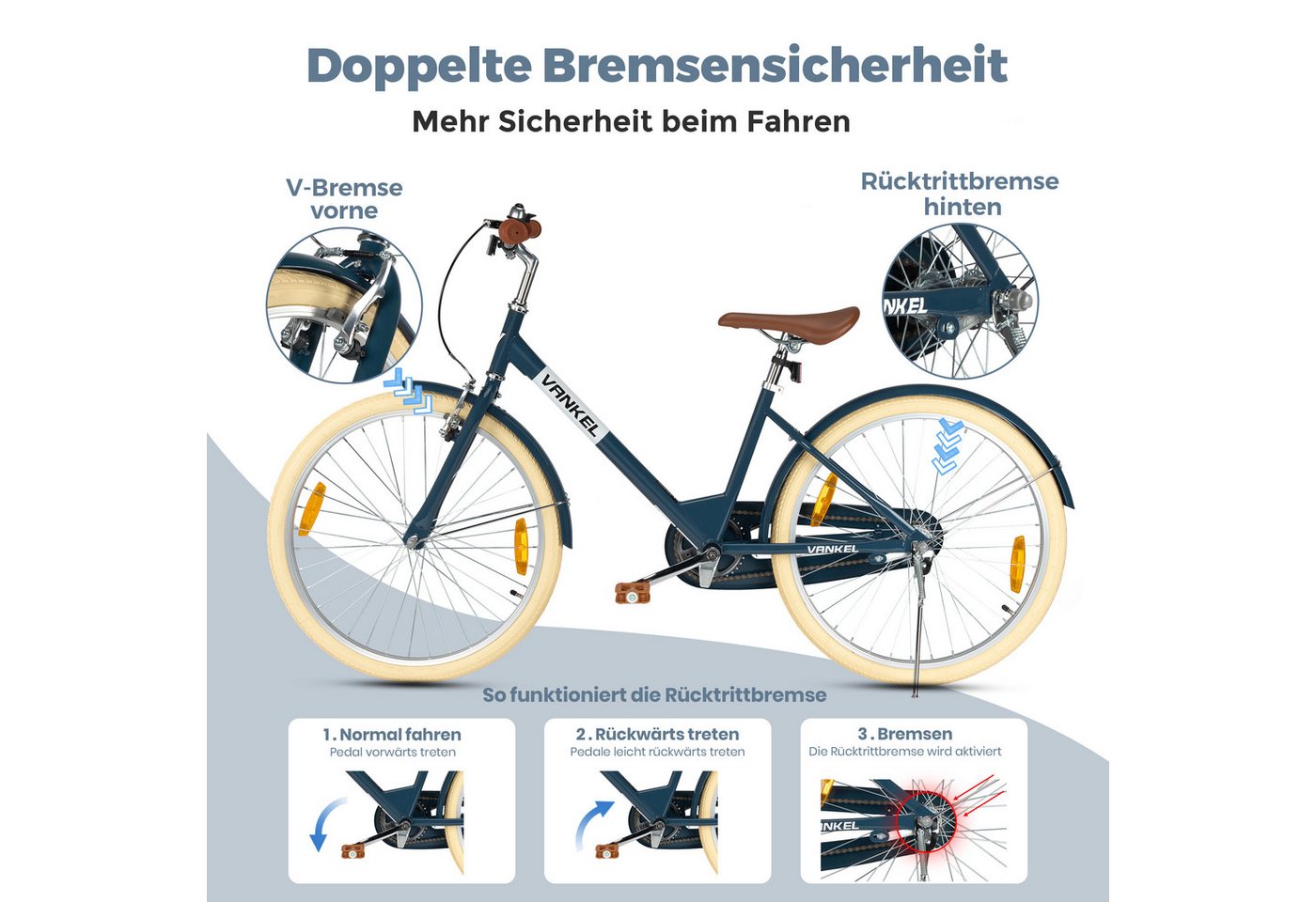 Vankel Kinderfahrrad 24 Zoll, 130-155 cm, Rücktrittbremse, Kettenschutz, 1 Gang, 8-12 Jahre, Blau, V-Brake vorne, Reflektoren, Seitenständer