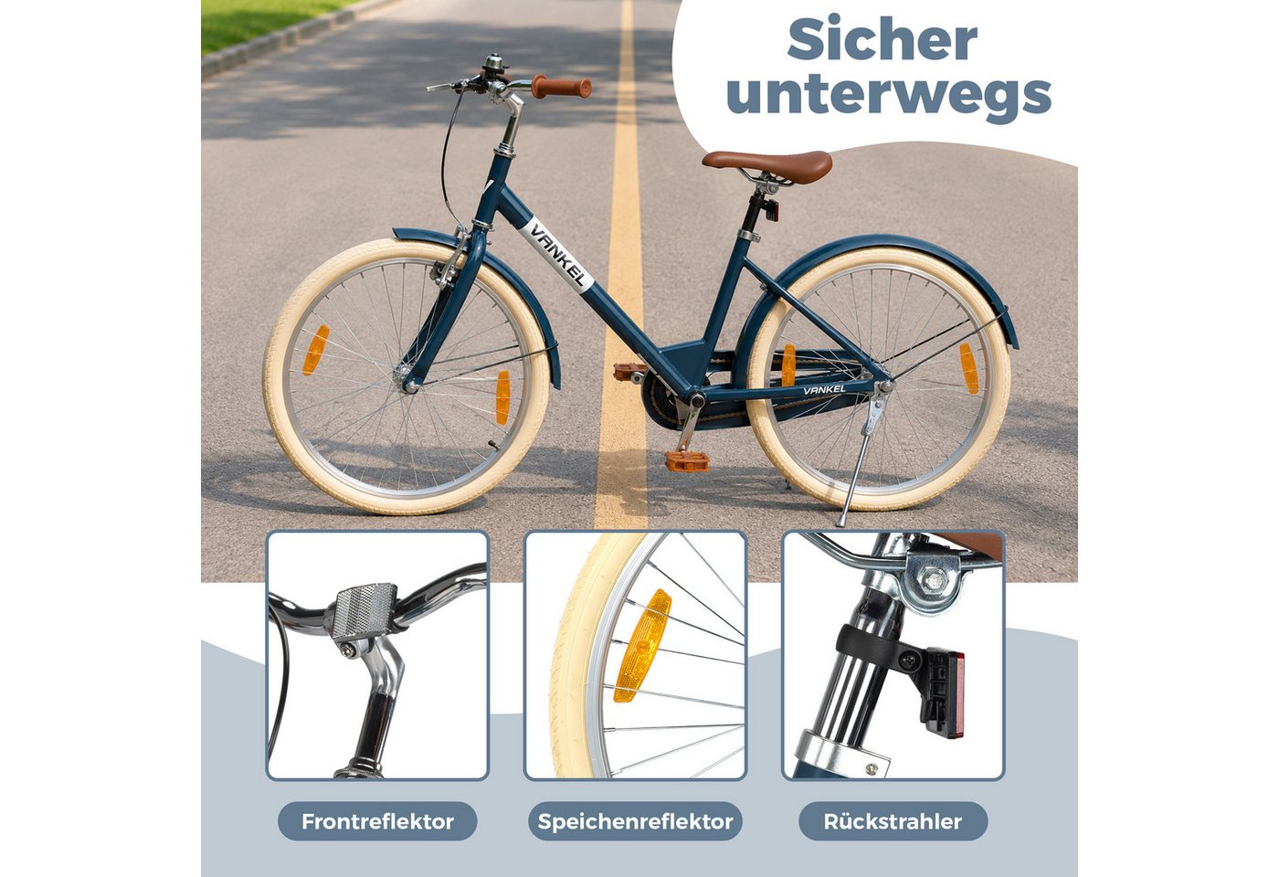 Vankel Kinderfahrrad 24 Zoll, 130-155 cm, Rücktrittbremse, Kettenschutz, 1 Gang, 8-12 Jahre, Blau, V-Brake vorne, Reflektoren, Seitenständer Bild 3