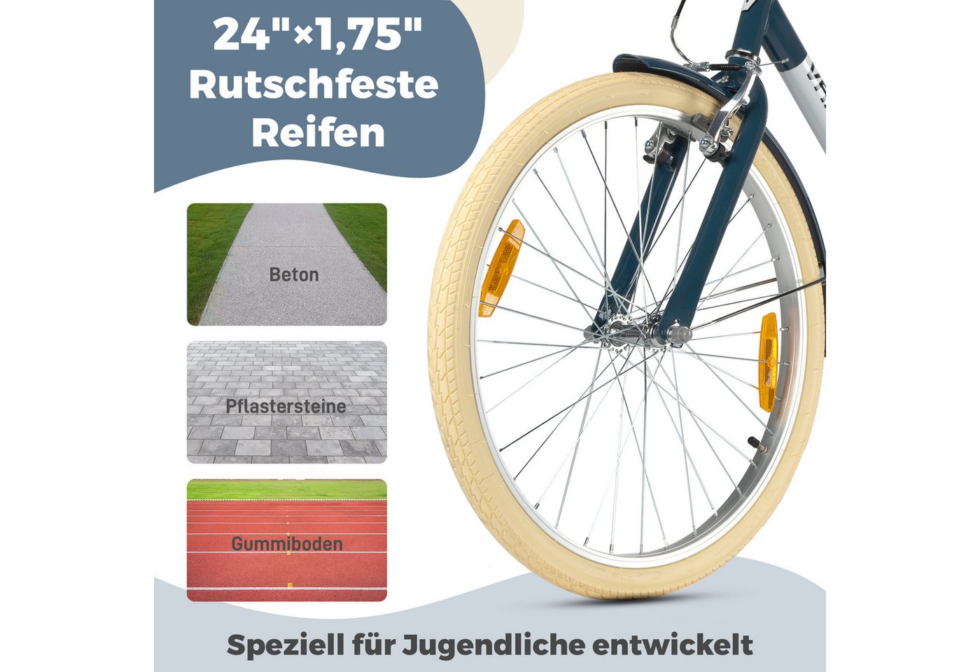 Vankel Kinderfahrrad 24 Zoll, 130-155 cm, Rücktrittbremse, Kettenschutz, 1 Gang, 8-12 Jahre, Blau, V-Brake vorne, Reflektoren, Seitenständer Bild 5