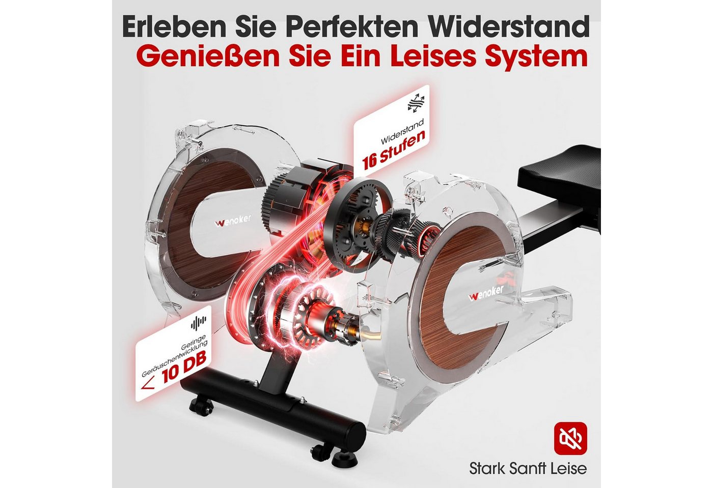 Wenoker Rudergerät Magnetisches Rudergerät mit Bluetooth-App und 16 Widerstandsstufen (Spar-Set, Montagewerkzeug, Rudergerät, Tablet-Halterung, LCD-Display), 16 Widerstandsstufen, App‑Verbindung, leises Magnetwiderstandssystem