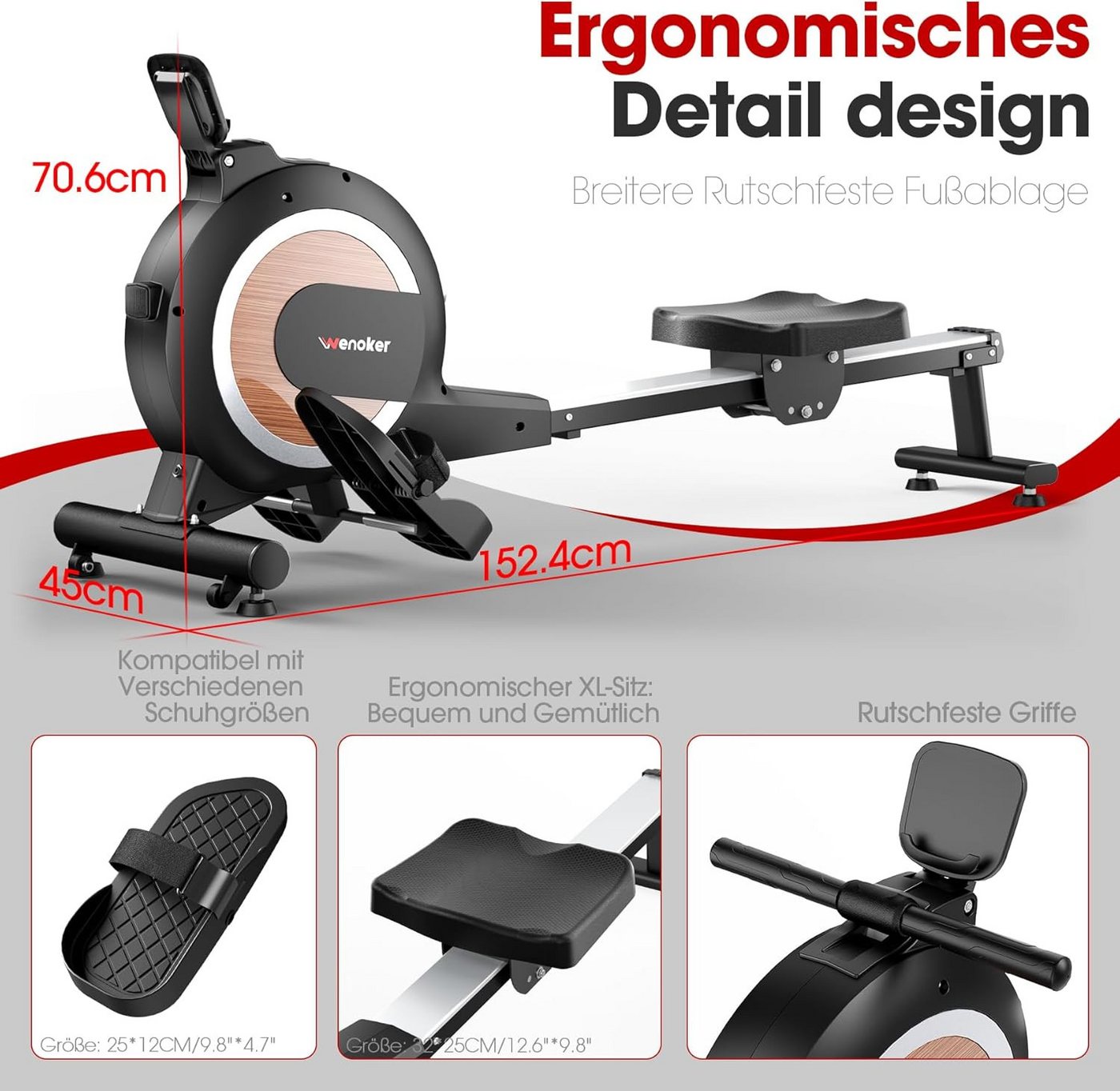 Wenoker Rudergerät Magnetisches Rudergerät mit Bluetooth-App und 16 Widerstandsstufen (Spar-Set, Montagewerkzeug, Rudergerät, Tablet-Halterung, LCD-Display), 16 Widerstandsstufen, App‑Verbindung, leises Magnetwiderstandssystem Bild 2
