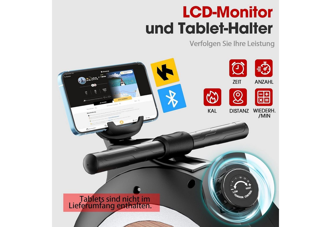 Wenoker Rudergerät Magnetisches Rudergerät mit Bluetooth-App und 16 Widerstandsstufen (Spar-Set, Montagewerkzeug, Rudergerät, Tablet-Halterung, LCD-Display), 16 Widerstandsstufen, App‑Verbindung, leises Magnetwiderstandssystem Bild 3