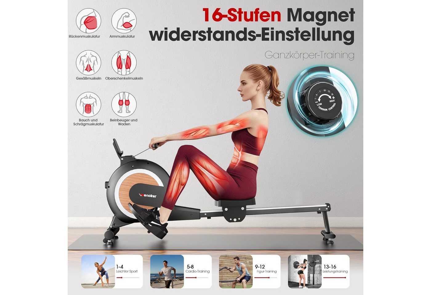 Wenoker Rudergerät Magnetisches Rudergerät mit Bluetooth-App und 16 Widerstandsstufen (Spar-Set, Montagewerkzeug, Rudergerät, Tablet-Halterung, LCD-Display), 16 Widerstandsstufen, App‑Verbindung, leises Magnetwiderstandssystem Bild 5