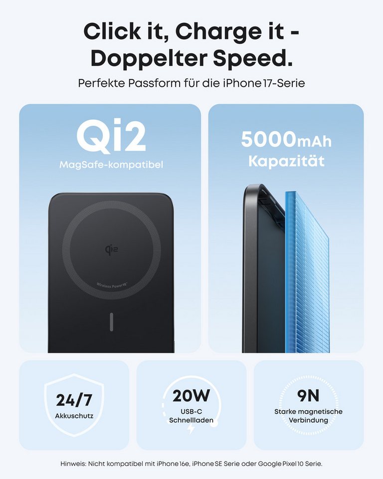 Anker Anker Nano Powerbank, Qi2-zertifiziert, 5000mAh Magnet- Powerbank 15W Max ultraschnelles Laden, MagSafe-kompatibel, tragbares Ladegerät 5000 mAh (5 V), Kabelloses Laden, für iPhone 17/16/15/14/13