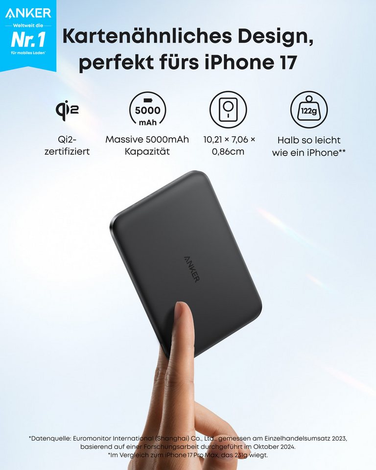 Anker Anker Nano Powerbank, Qi2-zertifiziert, 5000mAh Magnet- Powerbank 15W Max ultraschnelles Laden, MagSafe-kompatibel, tragbares Ladegerät 5000 mAh (5 V), Kabelloses Laden, für iPhone 17/16/15/14/13 Bild 3