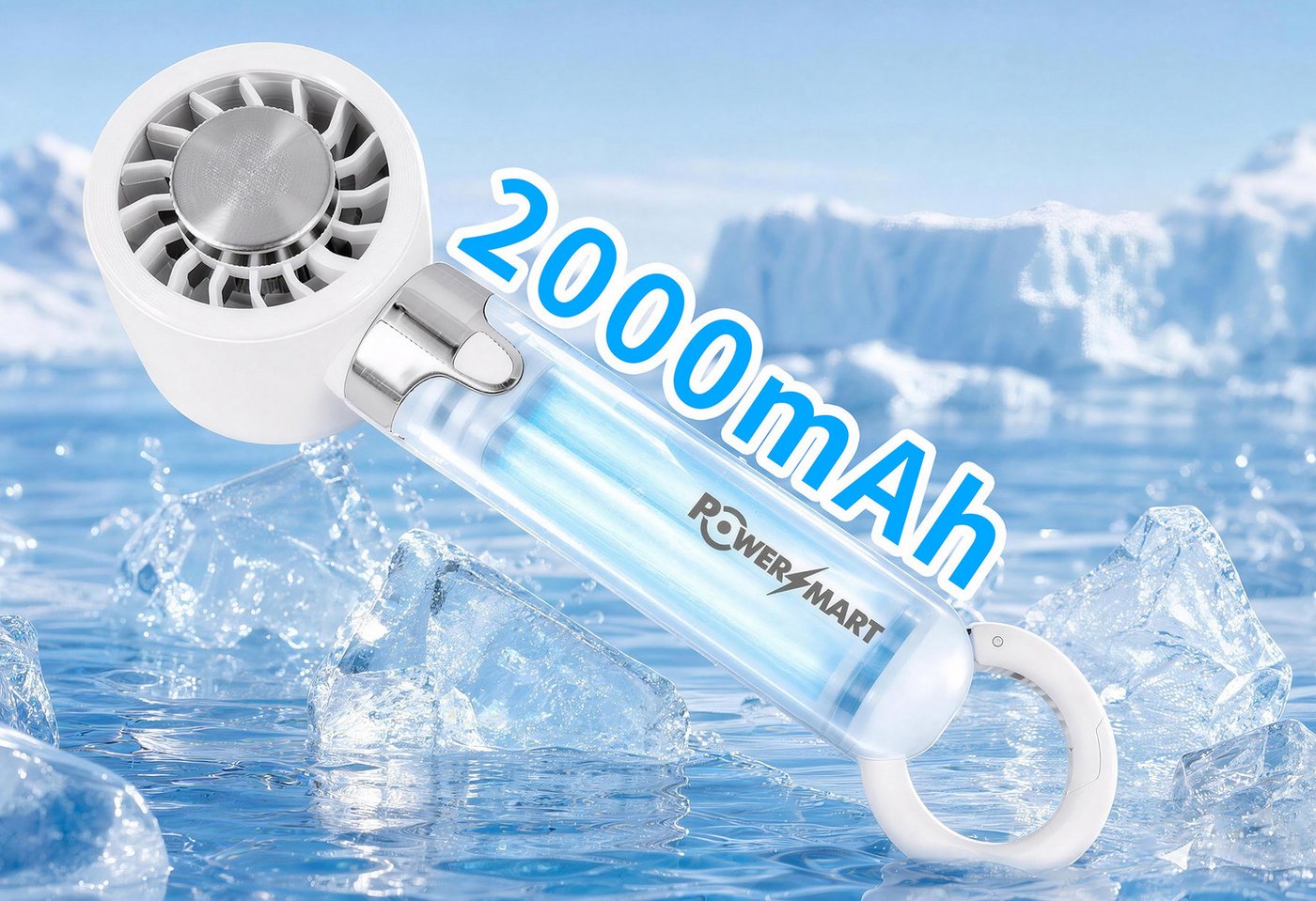PowerSmart Handventilator mit Kühlfunktion, 5 Windstärken, Hand, Karabiner und Tischventilator, USB-C aufladbar, für Reisen, Strand, Büro und Outdoor Bild 5