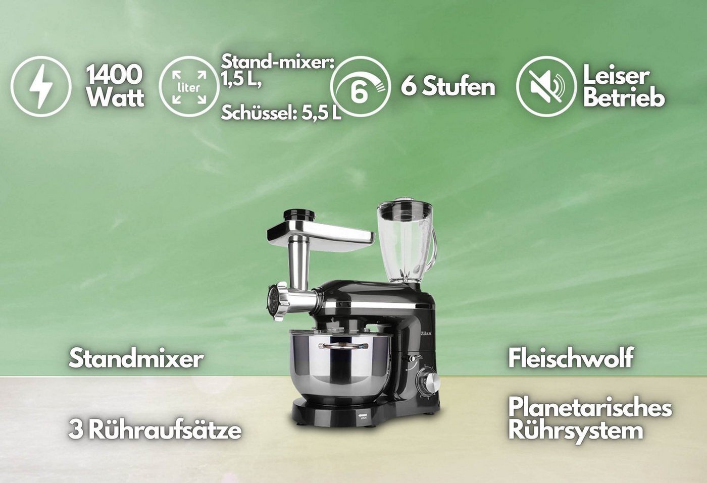 Zilan Küchenmaschine, 1400 W, 5,5 l Schüssel, 3 in 1 (Küchenmaschine+Standmixer+Fleischwolf)