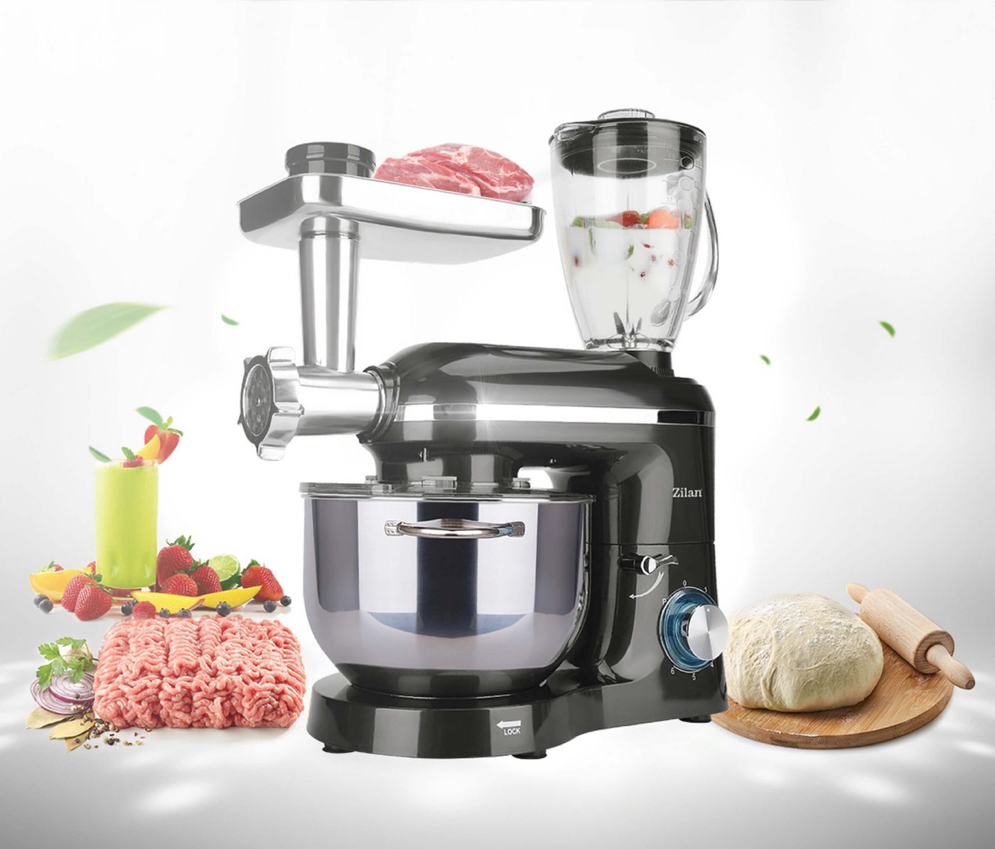 Zilan Küchenmaschine, 1400 W, 5,5 l Schüssel, 3 in 1 (Küchenmaschine+Standmixer+Fleischwolf) Bild 4