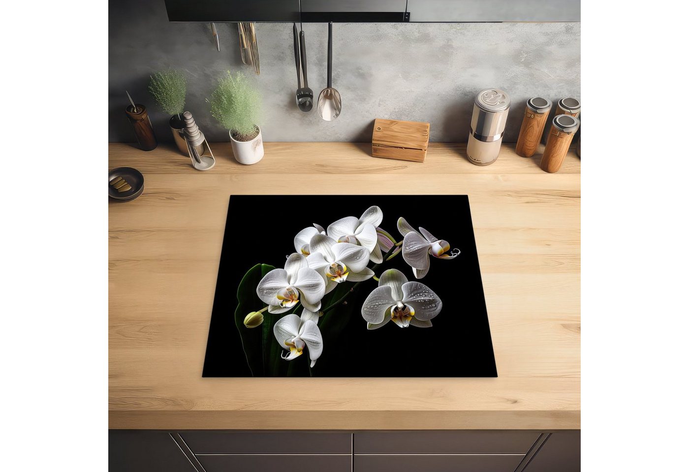 MuchoWow Herd-Abdeckplatte Orchidee - Blumen - Weiß - Natur - Schwarz, Vinyl, (1 tlg), Abdeckplatte für Ceranfeld, Herd Inductionsmatte, 57.6x51.6 cm Bild 2