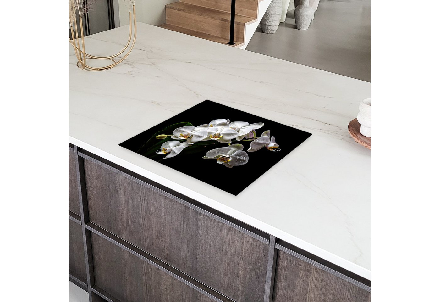 MuchoWow Herd-Abdeckplatte Orchidee - Blumen - Weiß - Natur - Schwarz, Vinyl, (1 tlg), Abdeckplatte für Ceranfeld, Herd Inductionsmatte, 57.6x51.6 cm Bild 3