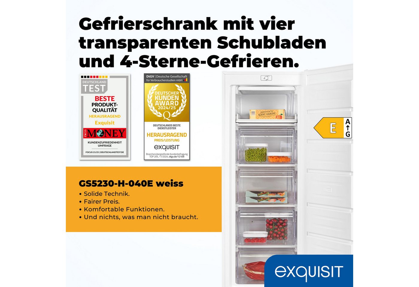 exquisit Gefrierschrank GS5230-H-040E, 142.6 cm hoch, 54.4 cm breit, 4*-Gefrierfach, Türanschlag wechselbar, Höhenverstellbare Füße