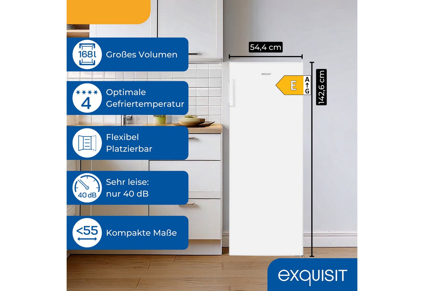 exquisit Gefrierschrank GS5230-H-040E, 142.6 cm hoch, 54.4 cm breit, 4*-Gefrierfach, Türanschlag wechselbar, Höhenverstellbare Füße Bild 2