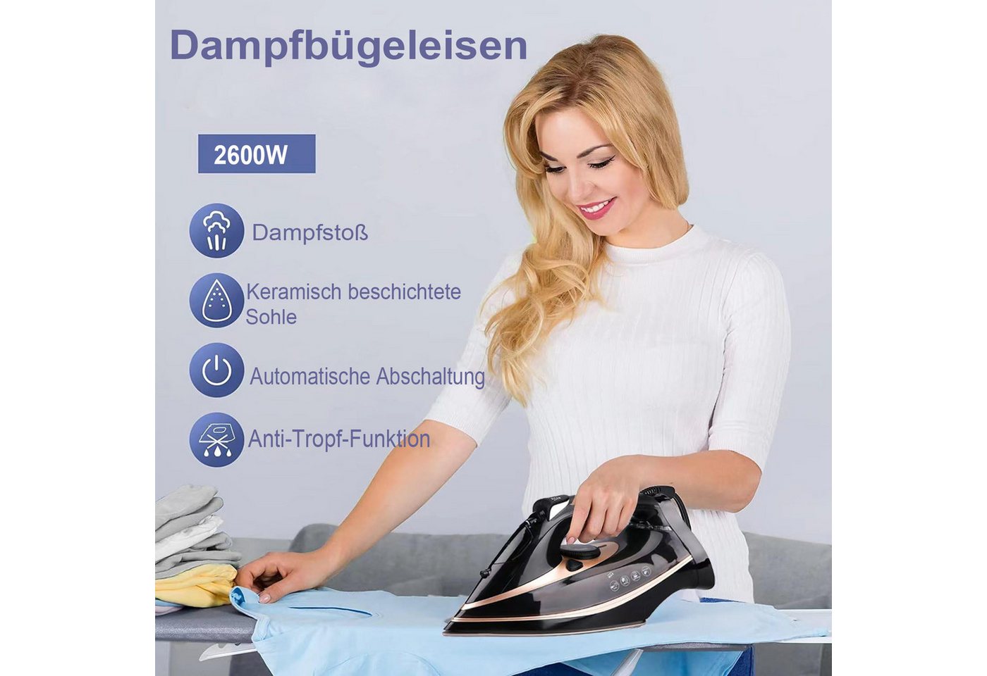 ibettertec Dampfbügeleisen Dampfbügeleisen, 2600W Bügeleisen mit Keramik-Bügelsohle, 70 g/min Dampf,120g Extra-Dampfstoß,300ml Wassertank,Selbstreinigungs Bild 5