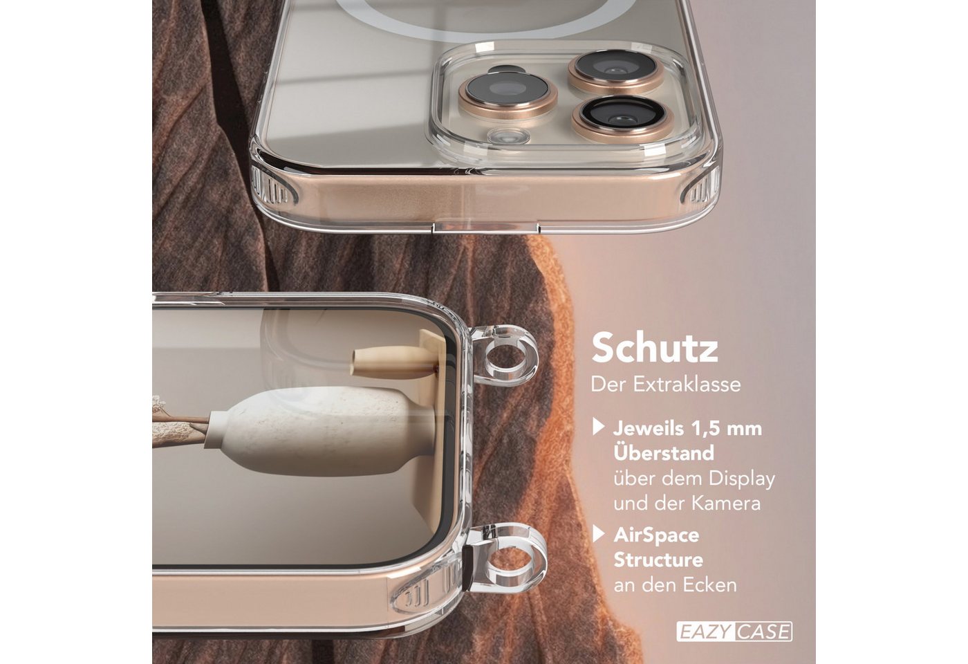 EAZY CASE Handykette 2in1 Metallkette MagSafe Hülle für iPhone 16 Pro 6,3 Zoll, Handyhülle Transparent Smartphonekette für Unterwegs Necklace in Gold