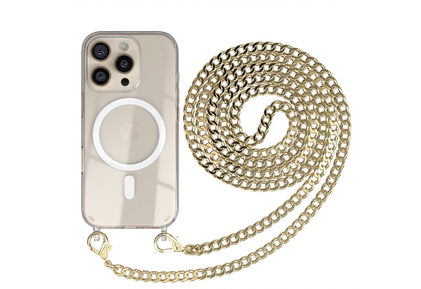 EAZY CASE Handykette 2in1 Metallkette MagSafe Hülle für iPhone 16 Pro 6,3 Zoll, Handyhülle Transparent Smartphonekette für Unterwegs Necklace in Gold Bild 2